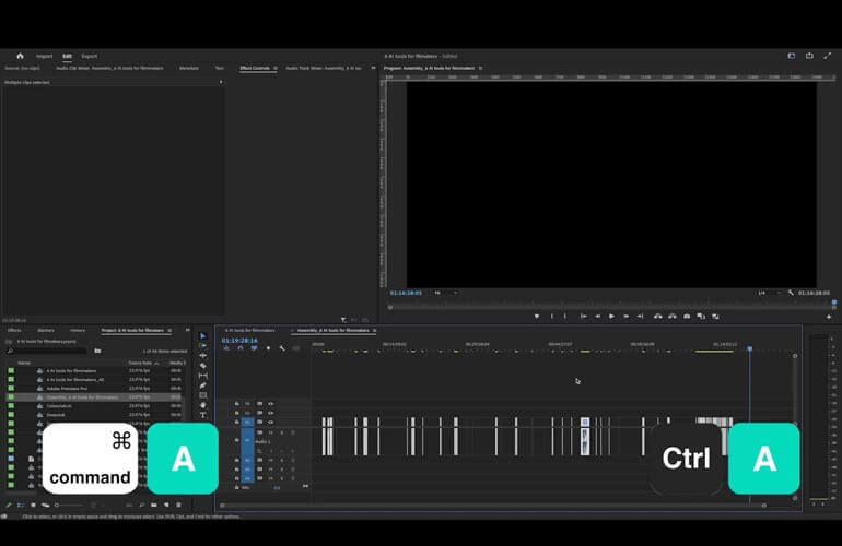 Premiere-Pro-Shortcuts_close gap_1 Select All clips in timeline in Adobe Premiere Pro