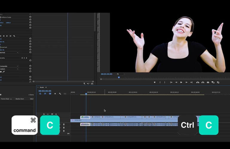 Premiere-Pro-Shortcuts_paste attributes Selecting and copying a clip in Adobe Premiere Pro timeline