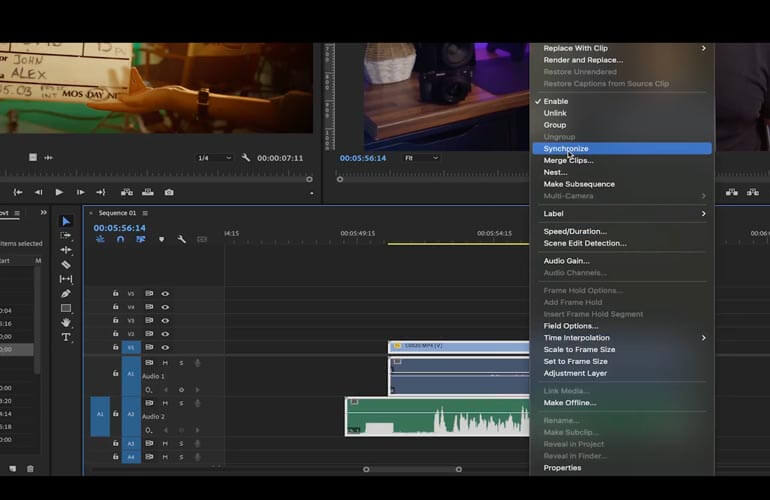 Premiere-Pro-Shortcuts_synchronize Mouse hovering over Synchronize in menu after selecting and right-clicking on multiple audio clips in Premiere Pro