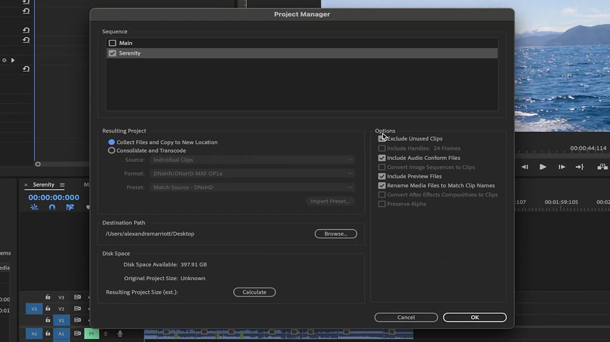 프로젝트 관리자 Adobe Premiere Pro 프로젝트 관리자 창