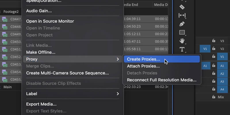 Proxy-editing-create-proxies Une souris d'ordinateur survole l'option de création de proxies dans Adobe Premiere Pro.