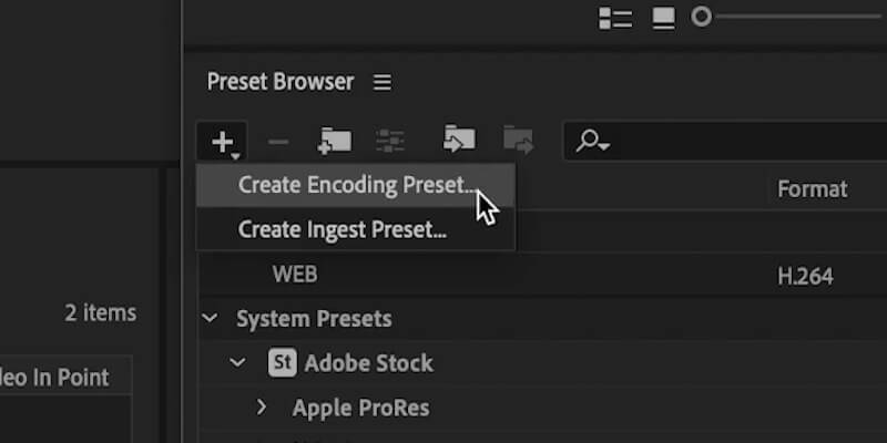 Proxy-editing-encoding-preset la souris d'un ordinateur survole une option de préréglage d'encodage dans Adobe Media Encoder