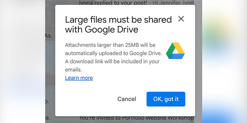 send-große-dateien-email-google-drive-max-Datei Popup-Fenster in Google Mail mit dem Hinweis, dass große Dateien mit Google Drive freigegeben werden müssen