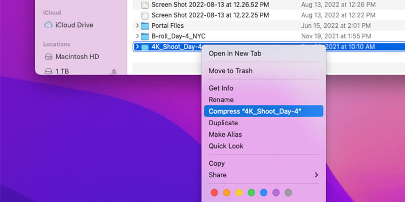 send-large-files-zipping Ein Mauszeiger über der Option "Komprimieren" unter MacOS