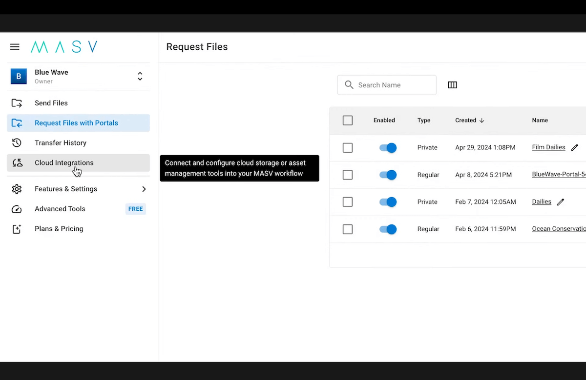 Cloud integrations tab MASV portals 플레이스홀더 이미지