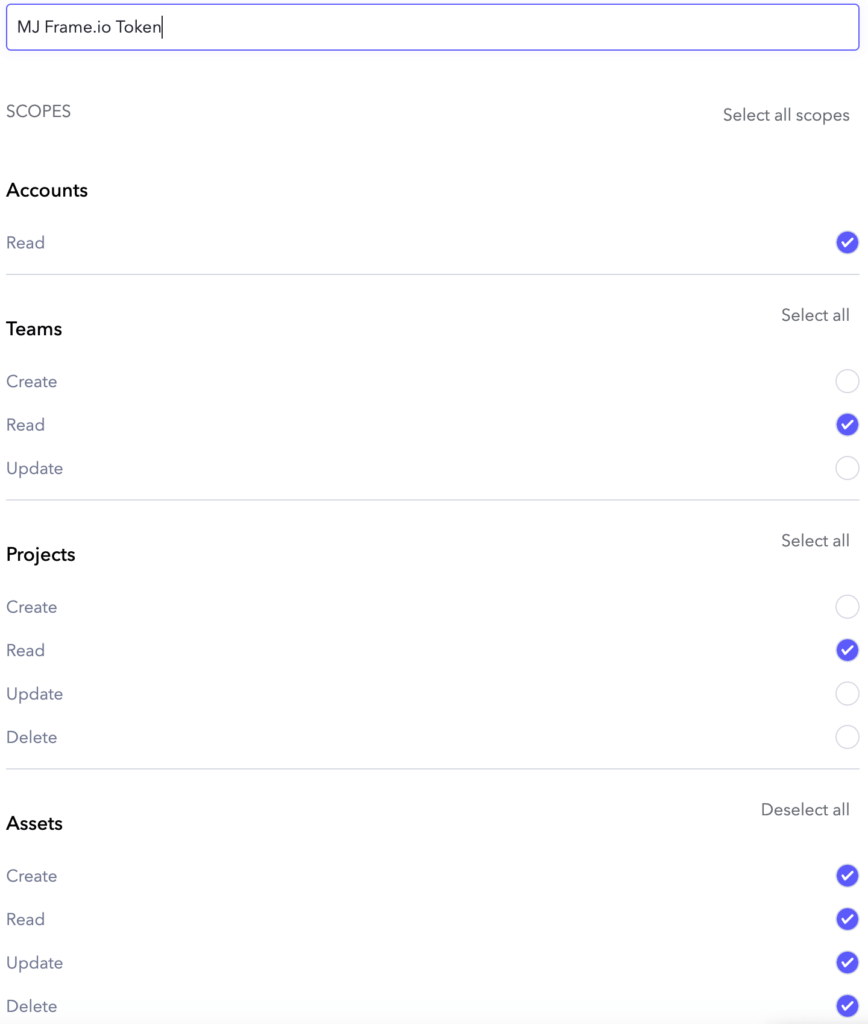 Frame.io API Token Scope
