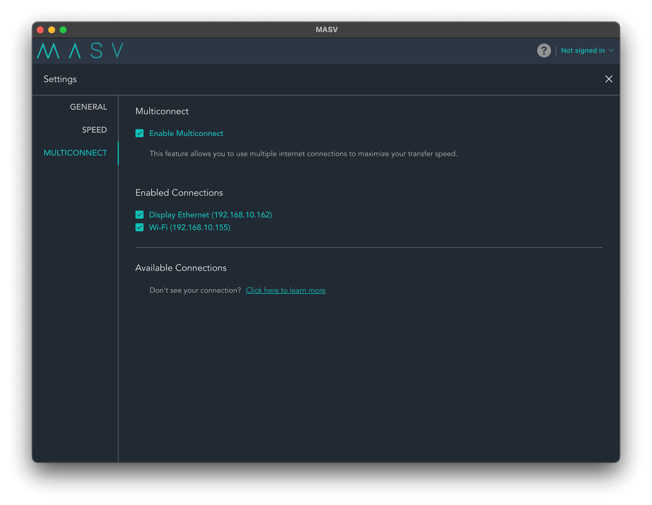 MASV Multiconnect file transfer - verfügbare Verbindungen MASV Multiconnect verfügbare Verbindungen